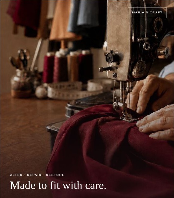 A tailor carefully sewing burgundy fabric at a traditional sewing machine